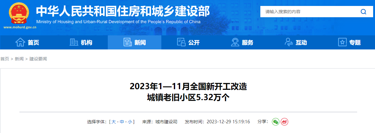 住房城乡建设部：2023年1—11月全国新开工改造城镇老旧小区5.32万个